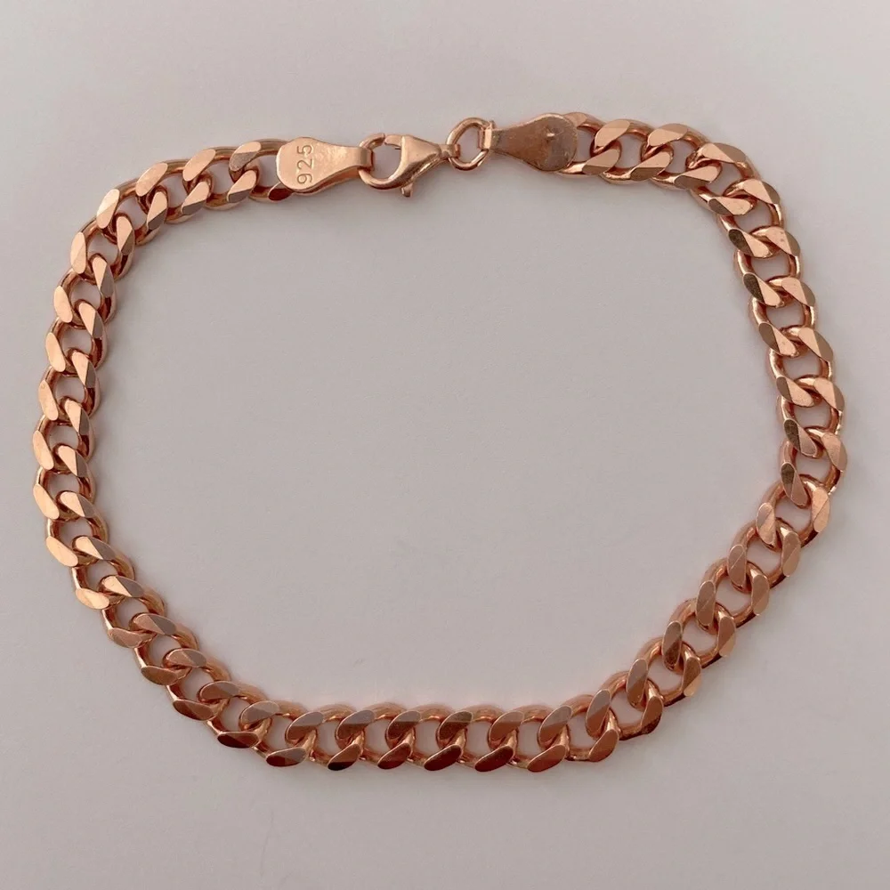 925 Silver 9.25”6mm bracelet 9.25 inches cuban chain 14k rose gold plated Unisex
